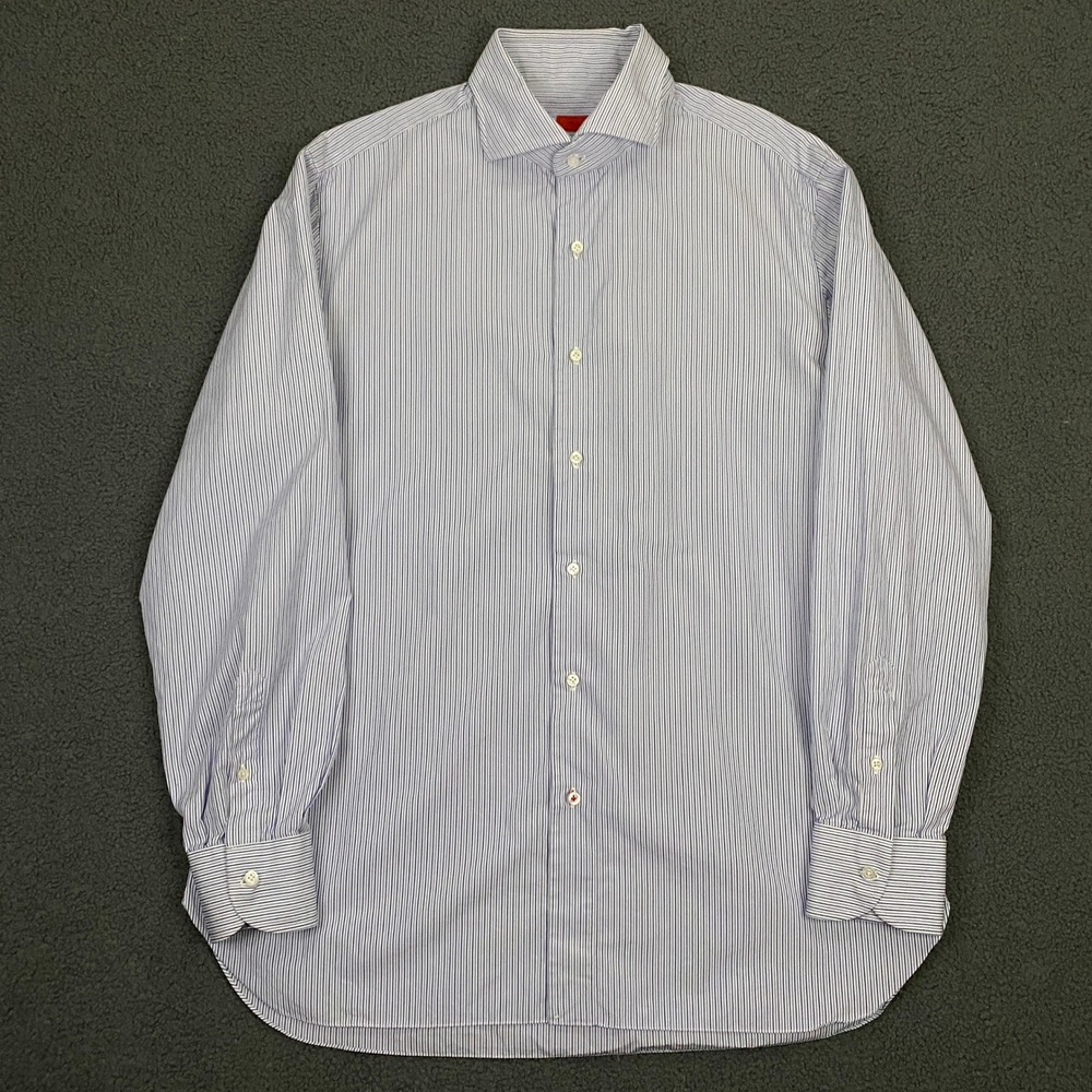 Isaia Napoli Dress Shirt Mens 17/43 Blue Striped Button Up Logo Made in Italy